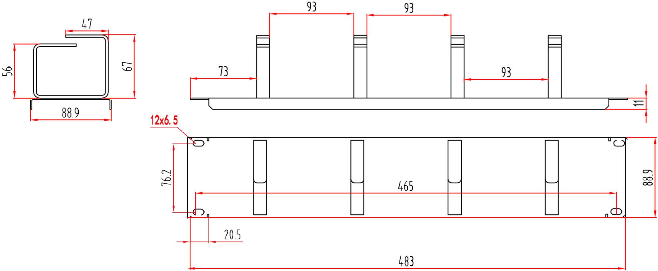 Technische tekening van een metalen profiel met afmetingen. Profiel toont U-vorm aan de linkerkant, vier verticale steunen aan de rechterkant, verschillende afmetingen aangegeven.
