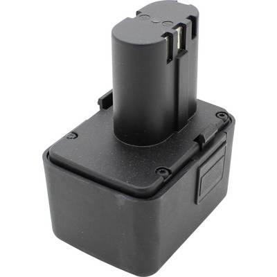 Een zwarte, rechthoekige batterij met uitstekende aansluiting en een zijknop, staat op een grijze oppervlakte.