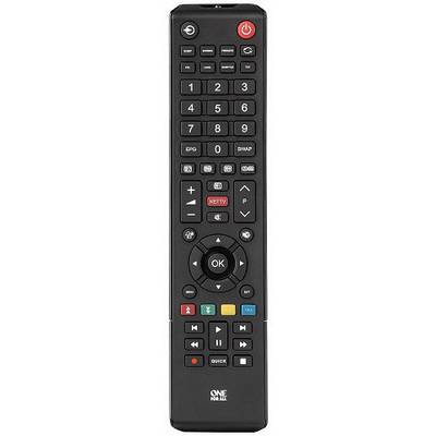 Zwarte afstandsbediening met knoppen voor aan/uit, cijfers, volume, zenderwissel en speciale functies (zoals Netflix).