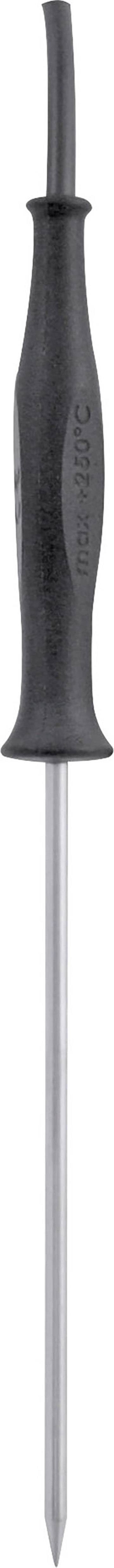 Zwarte handgreep met lange metalen steel; gereedschap, mogelijk een ijspiek of een soortgelijk instrument.