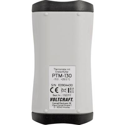Draagbare thermometer "PTM-130" van Voltcraft met meetbereik van -70°C tot +250°C. Label met serienummer en CE-markering zichtbaar.