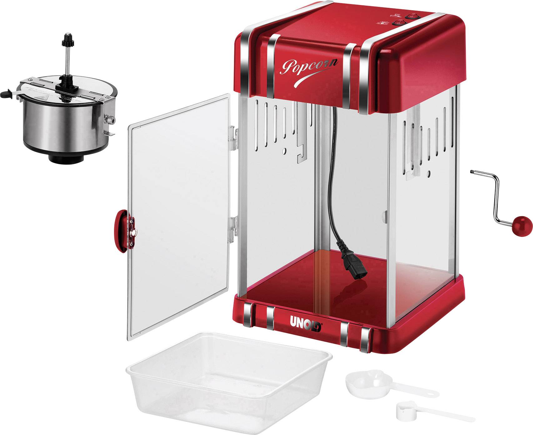 Rode popcornmachine met toebehoren, inclusief pan, slinger en plastic lepel. Glazen deur geopend, geschikt voor thuisgebruik.