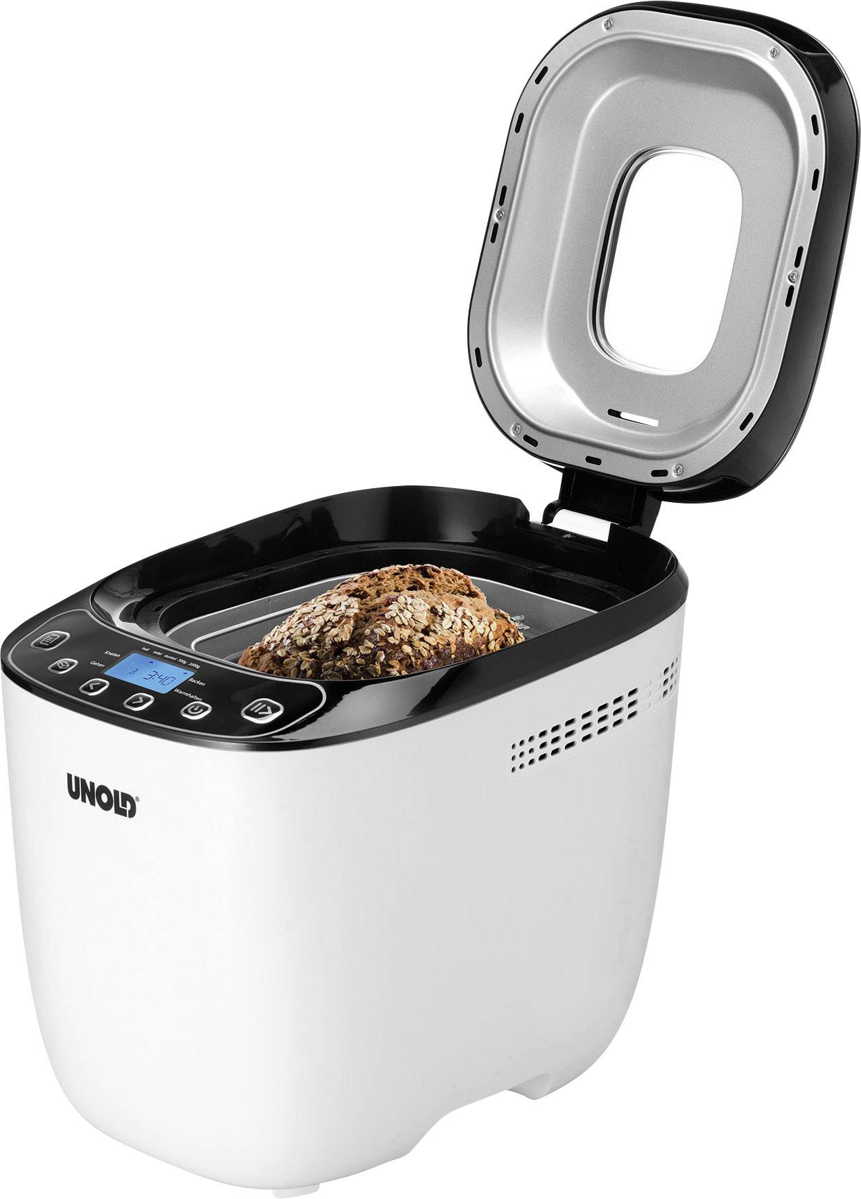 Een broodbakmachine met open deksel, die een gebakken meergranenbrood toont. Verlicht display met bedieningselementen aan de bovenkant.