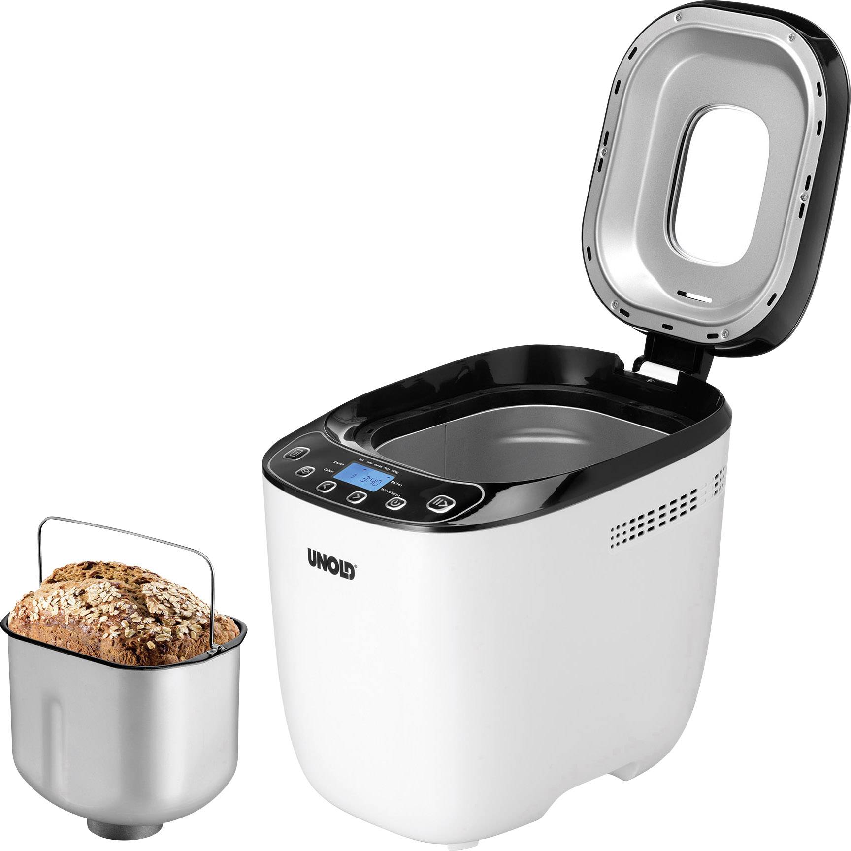 Broodbakmachine met open deksel, digitaal display en uitneembare bakvorm met gebakken brood.