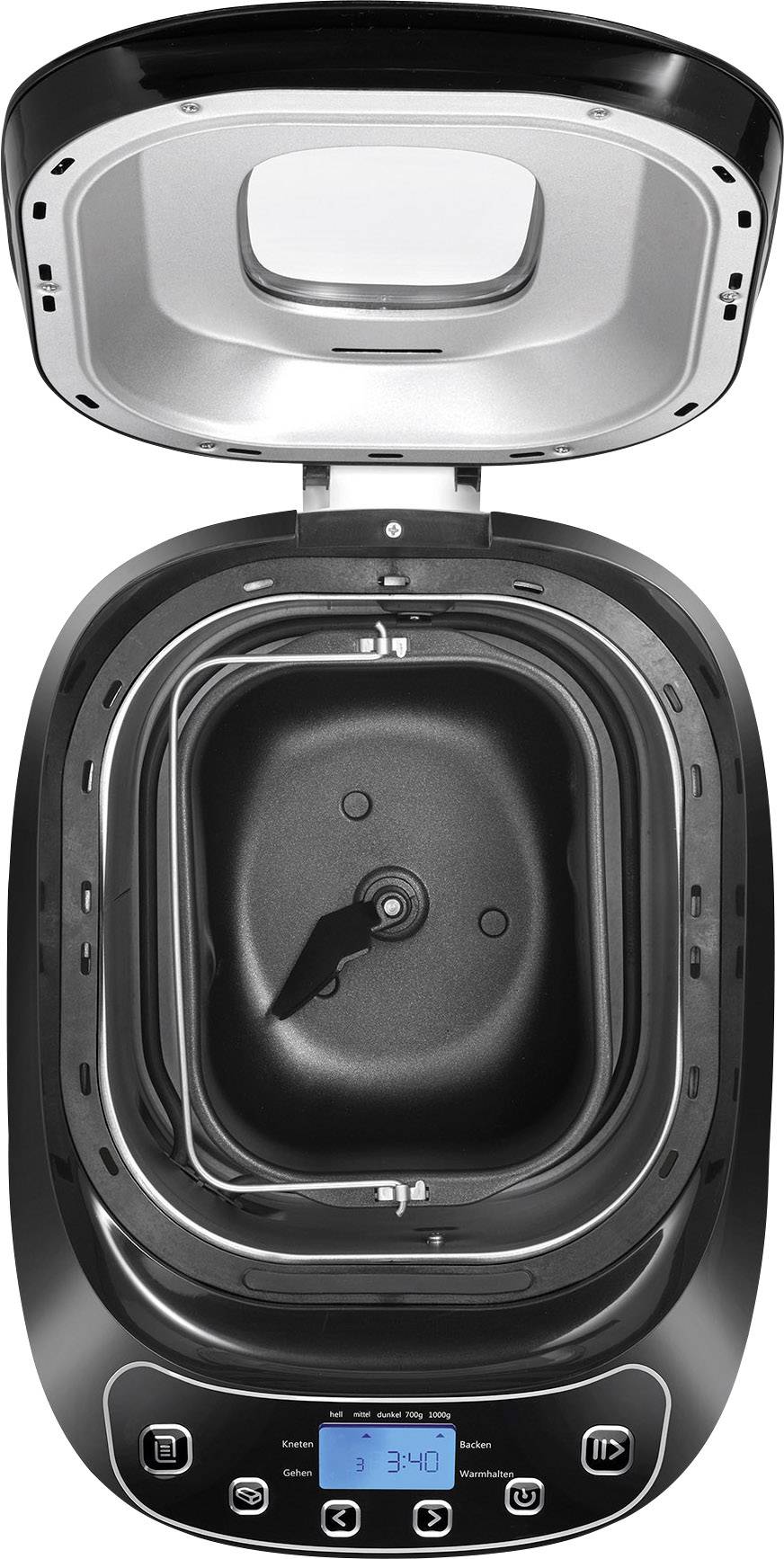 Een geopende broodbakmachine met digitaal display en knoppen. Zwarte behuizing, binnenaanzicht toont broodvorm met kneedarm.