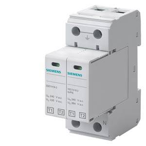 Een witte elektrische overspanningsbeveiliging met het Siemens-logo. Het heeft twee groene lampjes en technische specificaties gedrukt.