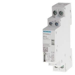 Een witte veiligheidsschakelaar van Siemens, model 5TE4405-2, geschikt voor 20 ampère. Hij heeft twee aansluitpunten en een schakelarm.