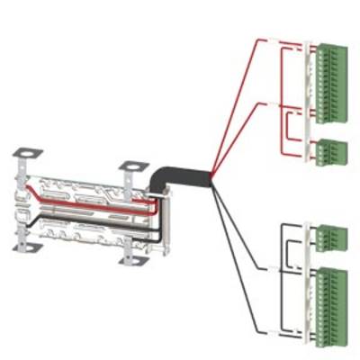 Schema van een elektrische bedrading die laat zien hoe verschillende draden naar meerdere groene stekkerverbindingen leiden.