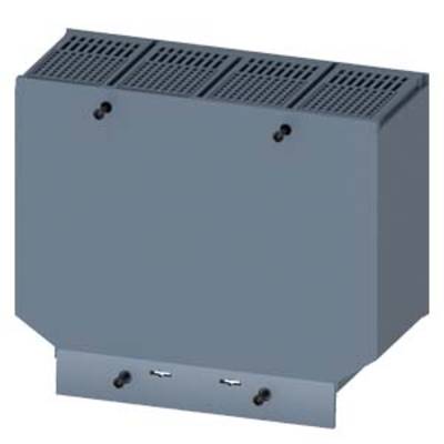 Een grijze, rechthoekige metalen component met drie bovenste ventilatiesleuven en vier bevestigingspunten, waarschijnlijk een onderdeel van een technische behuizing.