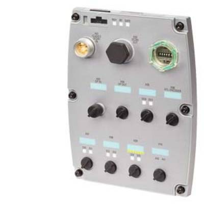 Een grijs bedieningspaneel met verschillende draaiknoppen en aansluitingen, geschikt voor technische besturing of elektronische apparaataansluitingen.