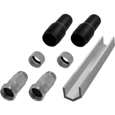 Twee zwarte schroefbeschermhoezen, twee metalen schroefverbinders en een zilveren L-vormige beugel, op een witte achtergrond.
