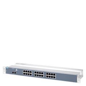 Een netwerk-switch met 24 Ethernet-poorten in een metalen behuizing, geschikt voor gegevensoverdracht in een kantoor of datacenter.