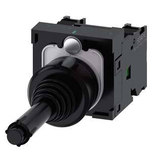 Een zwarte joystick met een zilveren achterplaat en een vierkant behuizing. Hij behoort tot een modulair besturingssysteem.