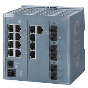 Industriële switch met meerdere Ethernet- en glasvezelaansluitingen voor het verbinden van apparaten in industriële omgevingen.
