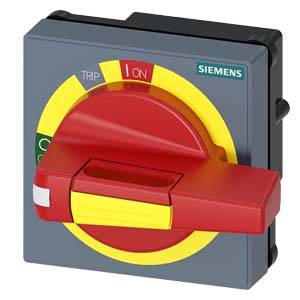 Een elektrische schakelaar van Siemens met een rode hendel in de stand 'AAN'. Omgeven door een gele cirkel met de markeringen 'TRIP' en 'UIT'.