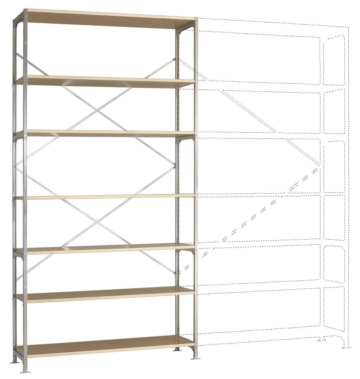 Metalen rek met vijf houten legplanken links en ruimte voor uitbreiding rechts, ondersteund door een metalen frame. Ideaal voor opslag.