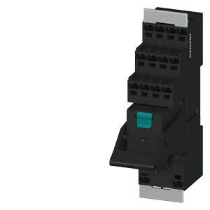 Een zwart elektrisch apparaat met een schakelaar, geschikt voor montage op een rail in elektrische installaties.