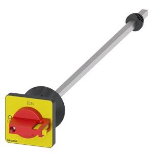 'Roterende aandrijving in rood en geel met een lange, metalen bedieningspas. Geschikt voor industriële toepassingsgebieden voor het schakelen van elektrische circuits.'