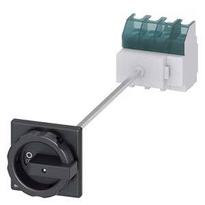Een zwarte draaiknop met verlenging, verbonden met een wit elektrisch module met groene aansluitklemmen, tegen een witte achtergrond.
