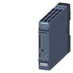'AS-i module van het merk Siemens, donkergrijs, met meerdere aansluitingen en een frontopschrift. Wordt gebruikt in industriële toepassingen.'