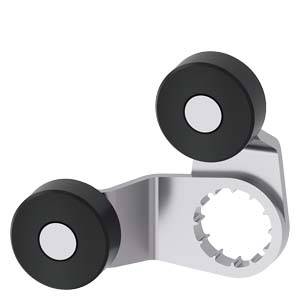 Grijs-zilveren metalen steun met twee zwarte ronde wielen, vermoedelijk onderdeel van een schuif- of transportmechanisme.