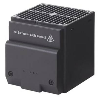 Een zwart apparaat met ventilatierooster en waarschuwing 'Hete oppervlakken - Vermijd contact'. Voor technische toepassingen, kan warm worden.