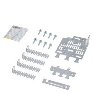 Een montageset met schroeven, klemmen en een metalen rail. Bevat ook een identificatielabel. Geschikt voor elektrische installaties.