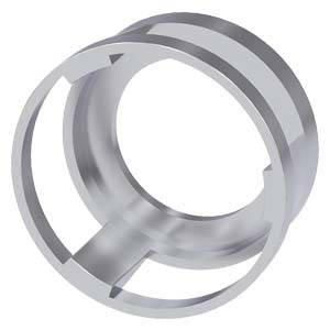 Een zilvergrijs, cilindrisch metalen ring met symmetrische uitsparingen toont industriële precisie en technische bruikbaarheid.