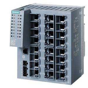 Een industriële netwerk-switch van Siemens met 16 Ethernet-poorten, geschikt voor gebruik in automatiseringsnetwerken.