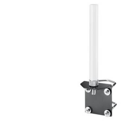 Een verticaal geplaatste, cilindrische antenne met een zwarte basis en zilveren schroeven, gemonteerd op een metalen oppervlak.