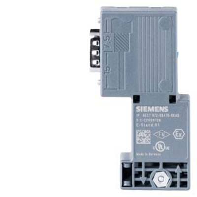Een Siemens-stekkermodule met een grijze oppervlakte, afgebeeld met technische details en verschillende aansluitingen aan de zijkanten.