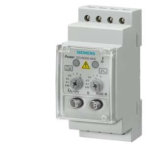 Een Siemens stroombeveiligingsschakelaar (type 5SV8006-6KK) met schakelaars voor het instellen van de foutstroom en geïntegreerde controlelampjes.