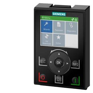 Een zwart Siemens-bedieningspaneel met een display dat opties zoals 'Menu', 'Parameter' en 'Wizards' toont, evenals bedieningsknoppen.