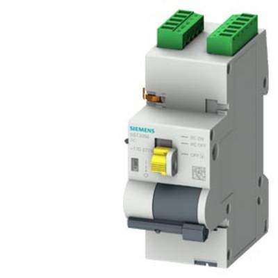 Een Siemens aardlekschakelaar met groene aansluitklemmen en een grijze behuizing, geschikt voor bescherming tegen elektrische schokken.