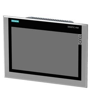 Een Siemens SIMATIC HMI-paneel met touchscreen, rechthoekige vorm, hoofdzakelijk in het grijs, voor industriële machinebediening.