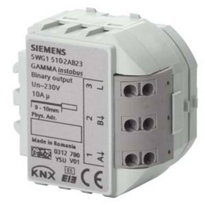 Een wit Siemens KNX-eilandmodule met drie aansluitklemmen, aan de voorzijde voorzien van technische specificaties en modelnummer.