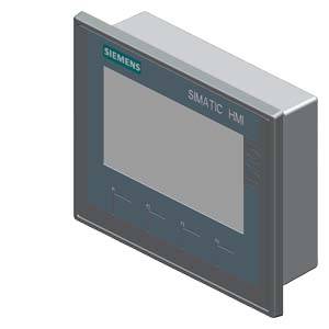 Industrieel display van Siemens, voorzien van het opschrift 'SIMATIC HMI', waarop geen beeldscherminformatie zichtbaar is. Apparaat met een grijs behuizing en groene logo linksboven.