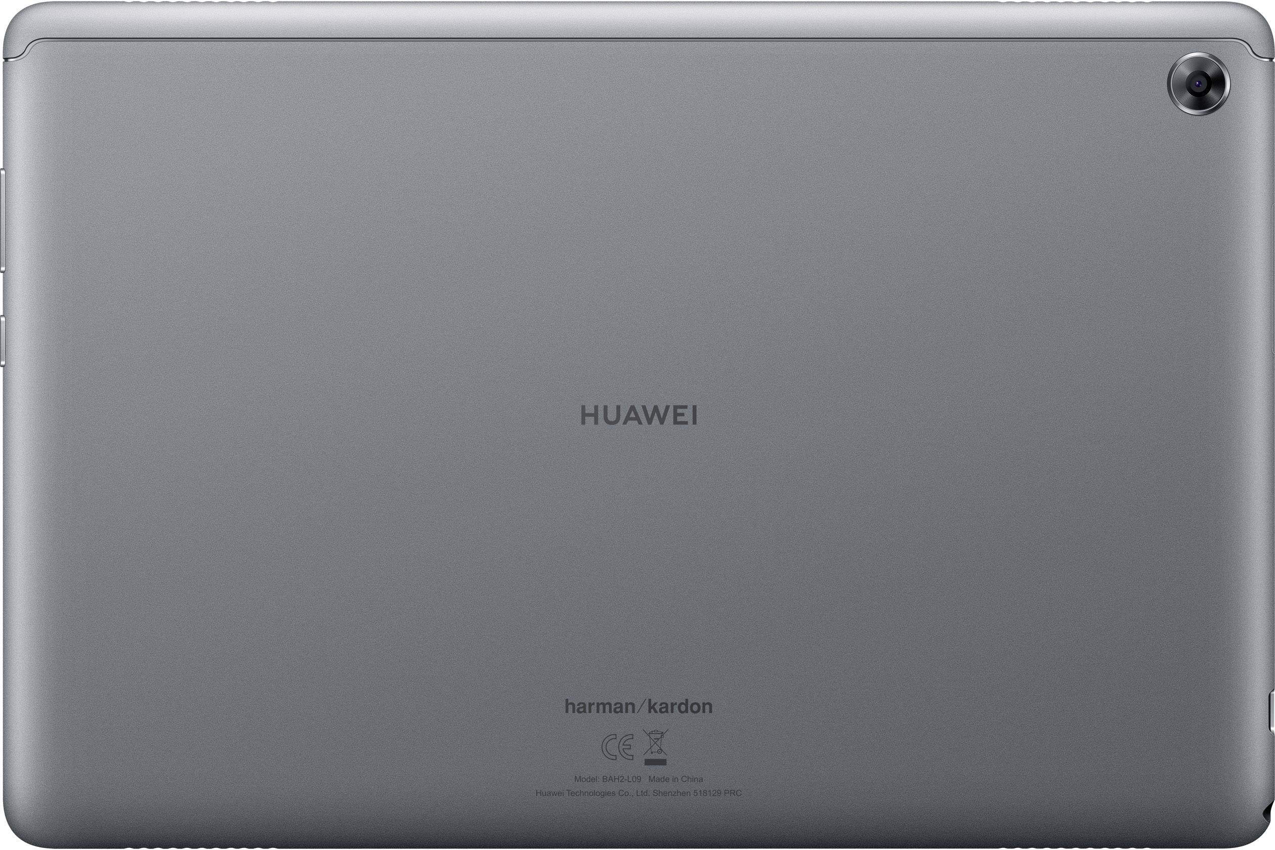 Grijze achterkant van een Huawei-tablet met het logo in het midden en de harman/kardon-tekst onderaan. Camera in de rechterbovenhoek.