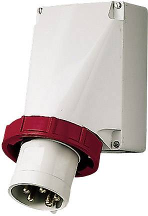 Witte en rode hoogspanningsstopcontacten gemonteerd aan de muur, met meerdere pennen voor aansluiting.