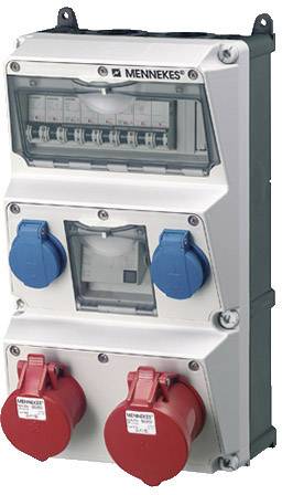 Multipolige aansluitkast met blauwe en rode stopcontacten, geschikt voor industriële toepassingen, beveiligd met vier schakelaars bovenaan.