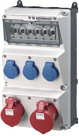 Een verdeelkast met meerdere blauwe en rode stopcontacten, geschikt voor industrieel gebruik. Merknaam bovenaan zichtbaar.