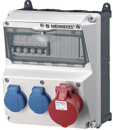 Elektrische aansluitdoos met twee blauwe en één rode stopcontactaansluiting, merk 'MENNEKES', geschikt voor industriële toepassingen.