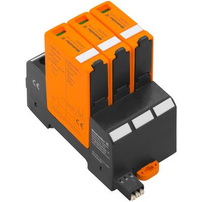 Een driedelig, oranje overspanningsbeveiligingsmodule voor elektrische installaties, gemonteerd op een zwarte voet.