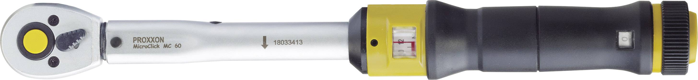 Momentsleutel met geel en zwart handvat, indicator voor rechts- en linksom draaien. Markeringen op de metalen schacht.