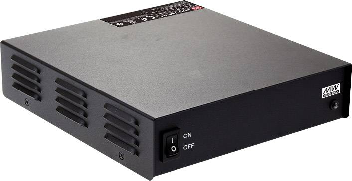 Een rechthoekig, zwart elektronisch apparaat met ventilatiesleuven aan de zijkanten en een aan/uit-schakelaar aan de voorkant.