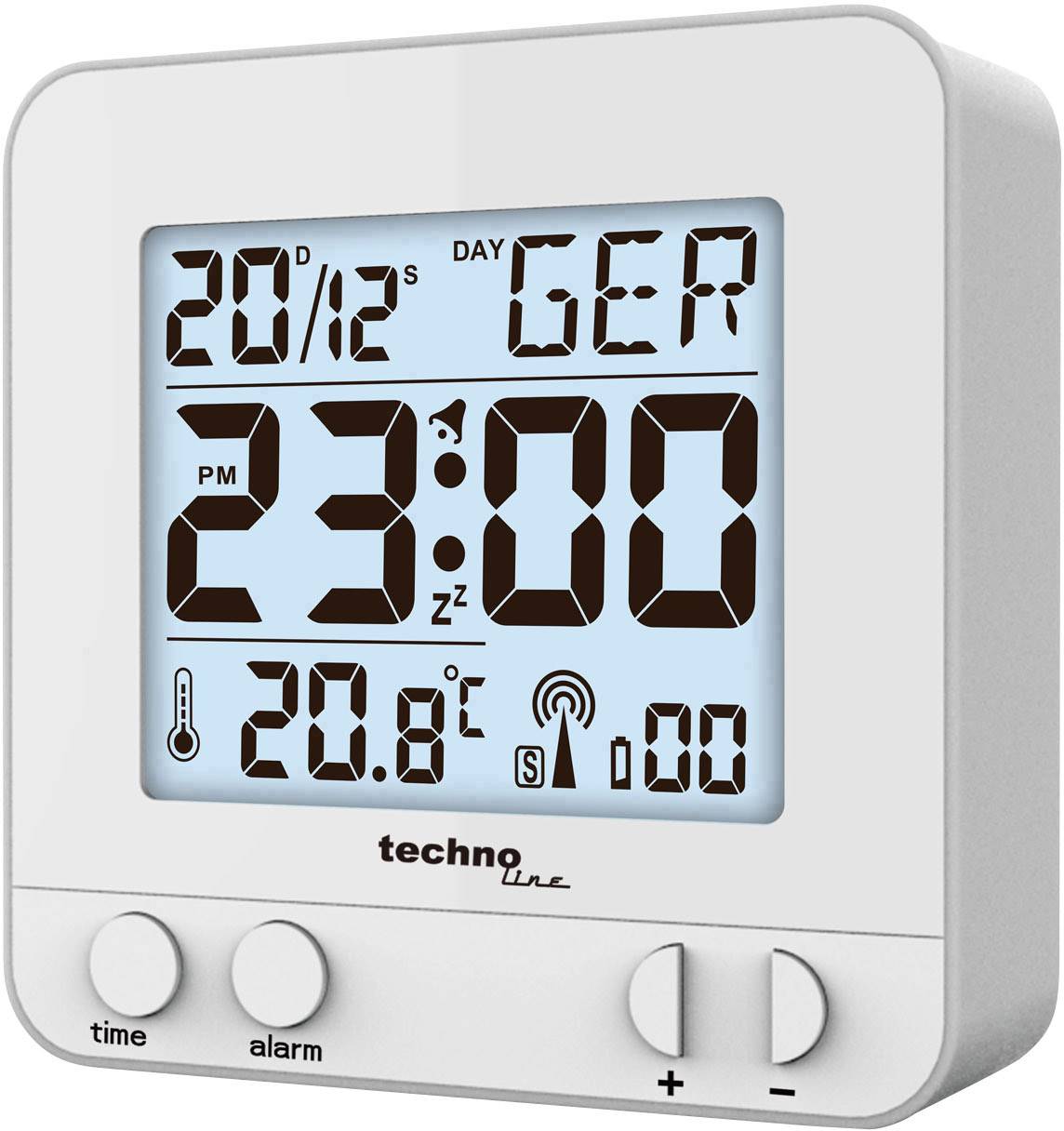 Digitale wekker toont '20/12', weekdag 'GER', tijd '23:00', binnentemperatuur '20.8°C'. Bevat knoppen voor tijd en alarm.