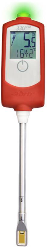 Digitale thermometer met lange steel toont 5,5°C en 16,4°C; groene LED bovenaan geeft veilige temperatuur aan.