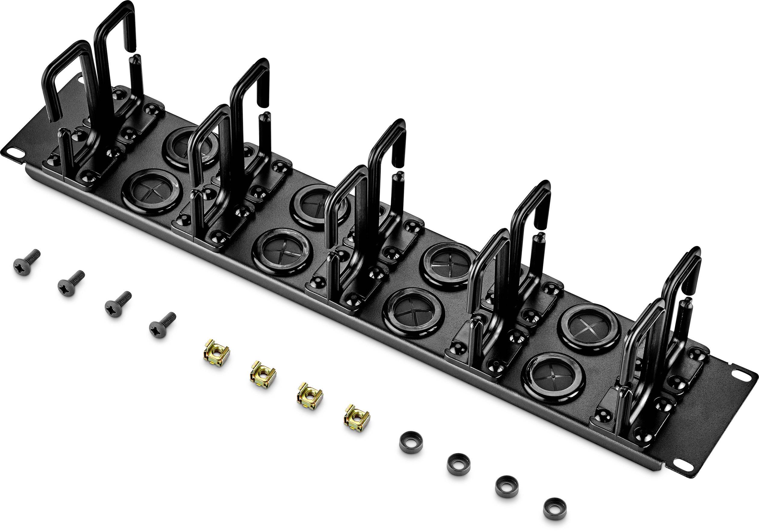 Een zwart rack-montagepaneel met acht kabelmanagers, schroeven en bevestigingselementen. Ideaal voor kabelorganisatie in IT-omgevingen.