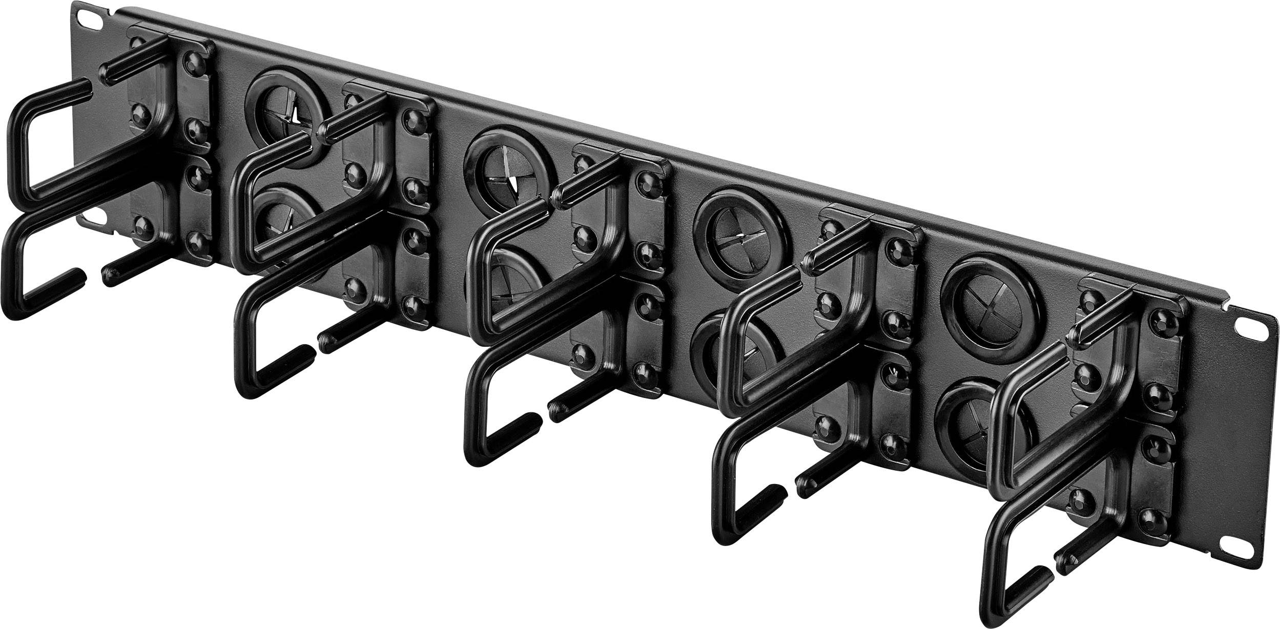 Een zwart metalen kabelmanagement-rek voor servers, gemonteerd met zes S-vormige haken voor het organiseren en vasthouden van kabels.