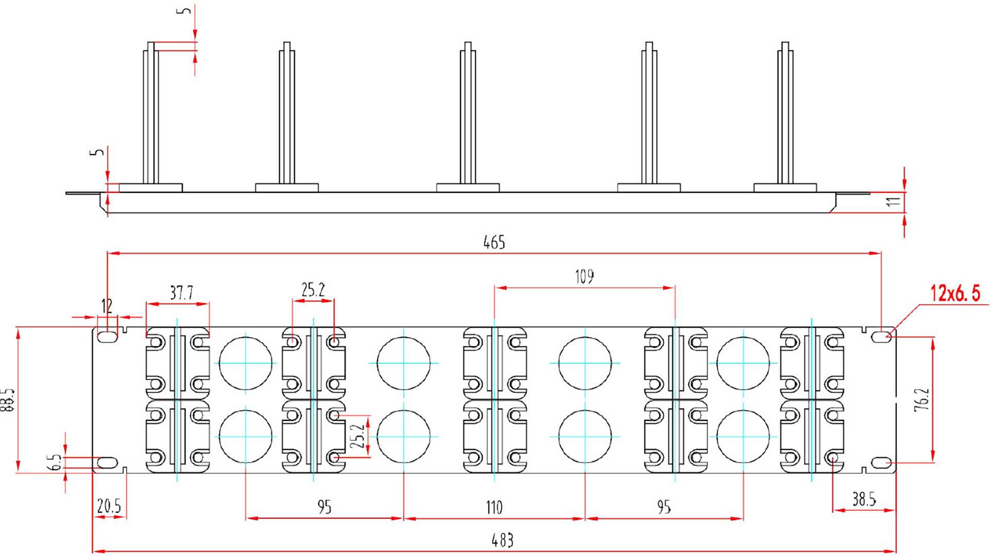 Technische tekening van een onderdeel met meerdere bevestigingsgaten, voorzien van afmetingen in millimeters. Bovenaanzicht en zijaanzicht.